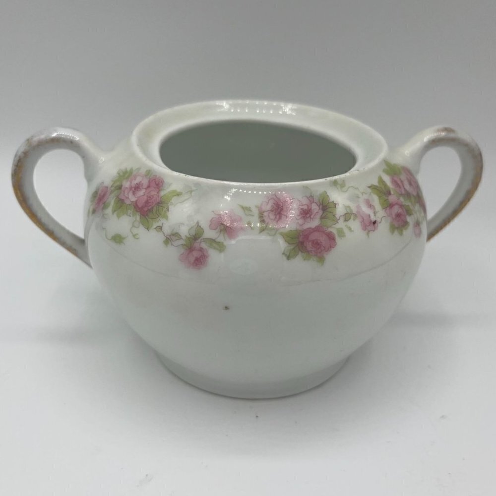 BAVARIA White Sugar Bowl w/o Lid - Pink Roses - Gold Trim on Handles
